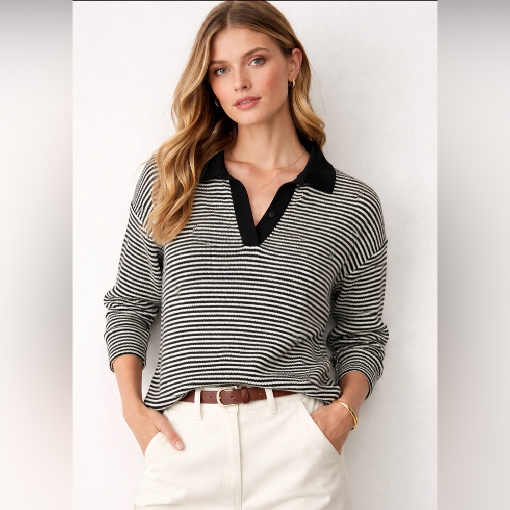 Lilla P Knit Polo Sweater XL‎ Black White Stripe Coastal Quiet Luxury Top